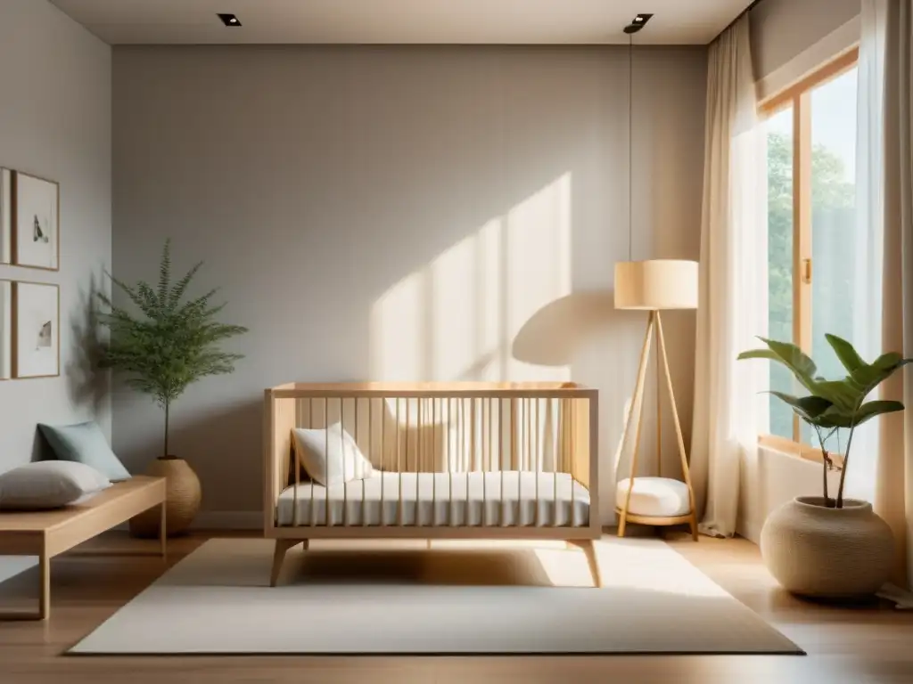 Dirección cama infantil Feng Shui: Habitación serena con cuna de madera clara, decoración calmada y luz natural suave