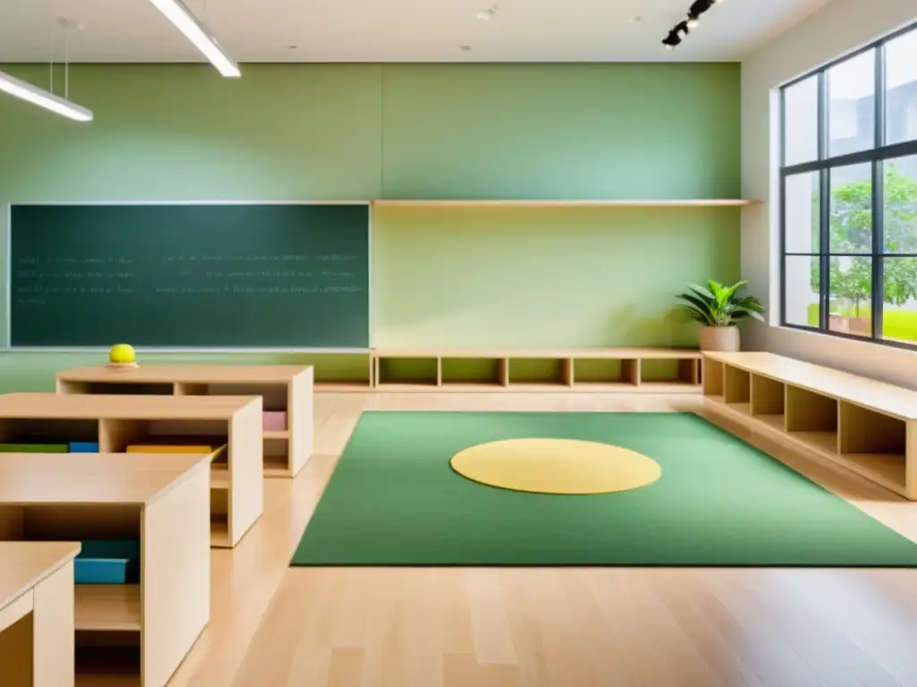 Feng Shui infantil para hogar: Aula minimalista con armonía, luz natural, materiales educativos ordenados y ambiente sereno