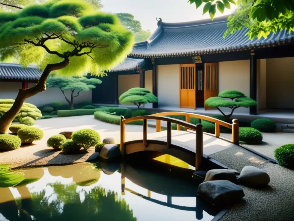 Influencia del Feng Shui en China: Un patio tradicional chino con estanque, puente y vegetación exuberante, evocando armonía y equilibrio