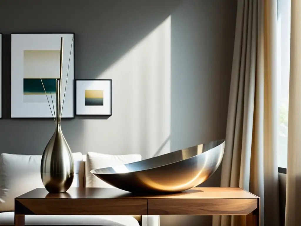 Influencia energética objetos metal Feng Shui: Sala armoniosa con escultura de metal y luz natural suave