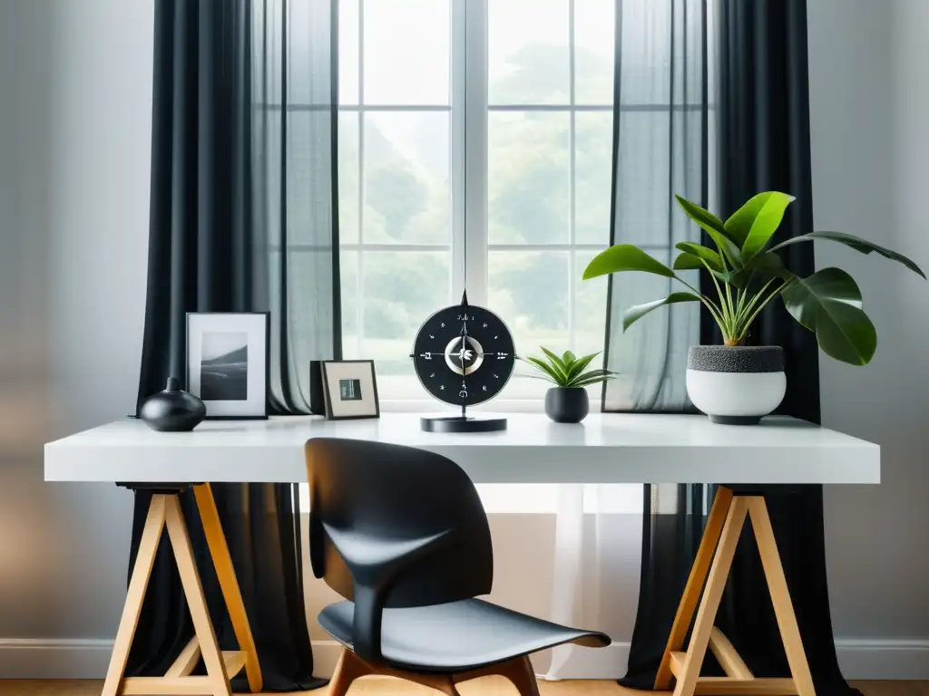 Influencia orientación trabajo Feng Shui: Escritorio minimalista con brújula Feng Shui, plantas, cristal y yinyang en suaves tonos y luz natural