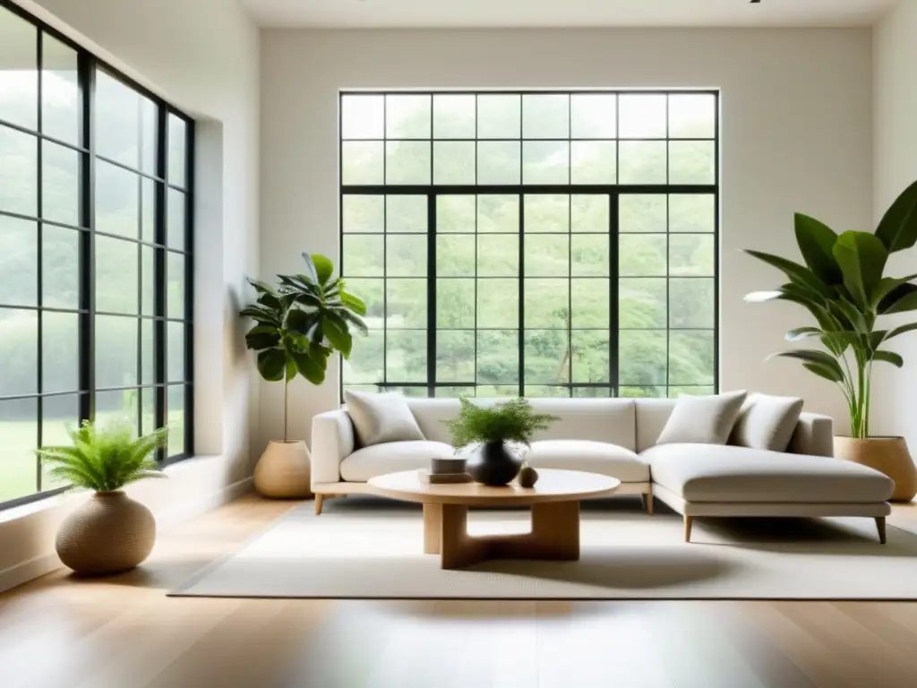 Influencia del hogar en emociones: Sala minimalista serena con luz natural y decoración equilibrada