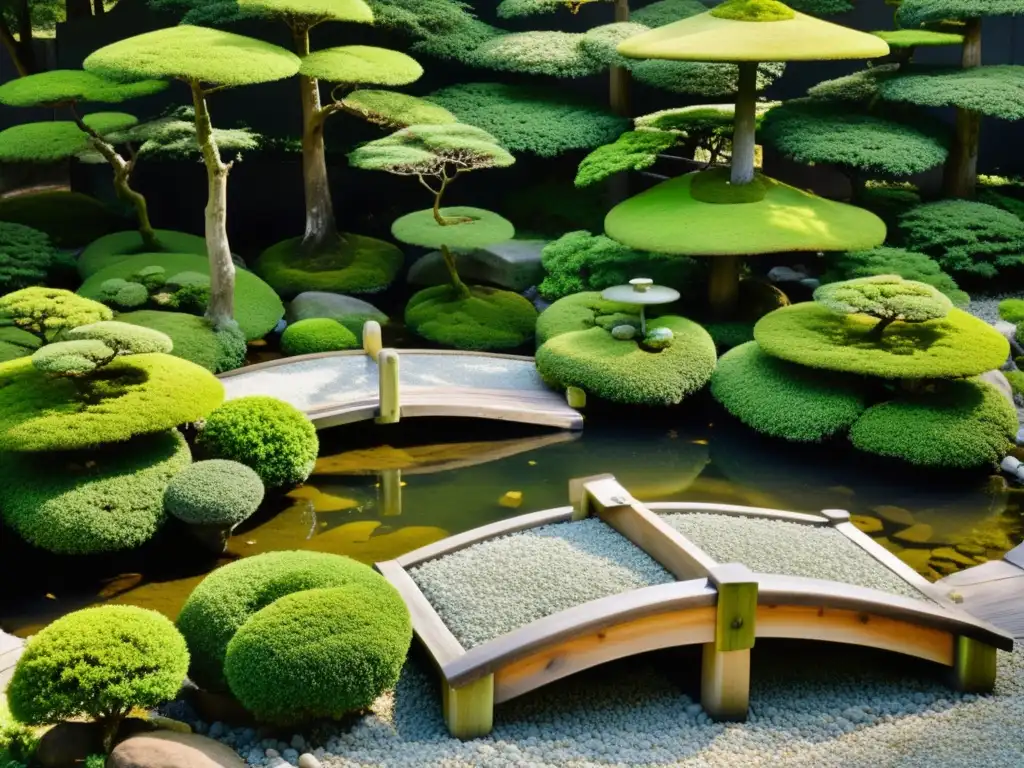 Influencia del Feng Shui en jardín japonés con bonsáis, rocas y puente sobre arroyo, irradiando armonía y equilibrio