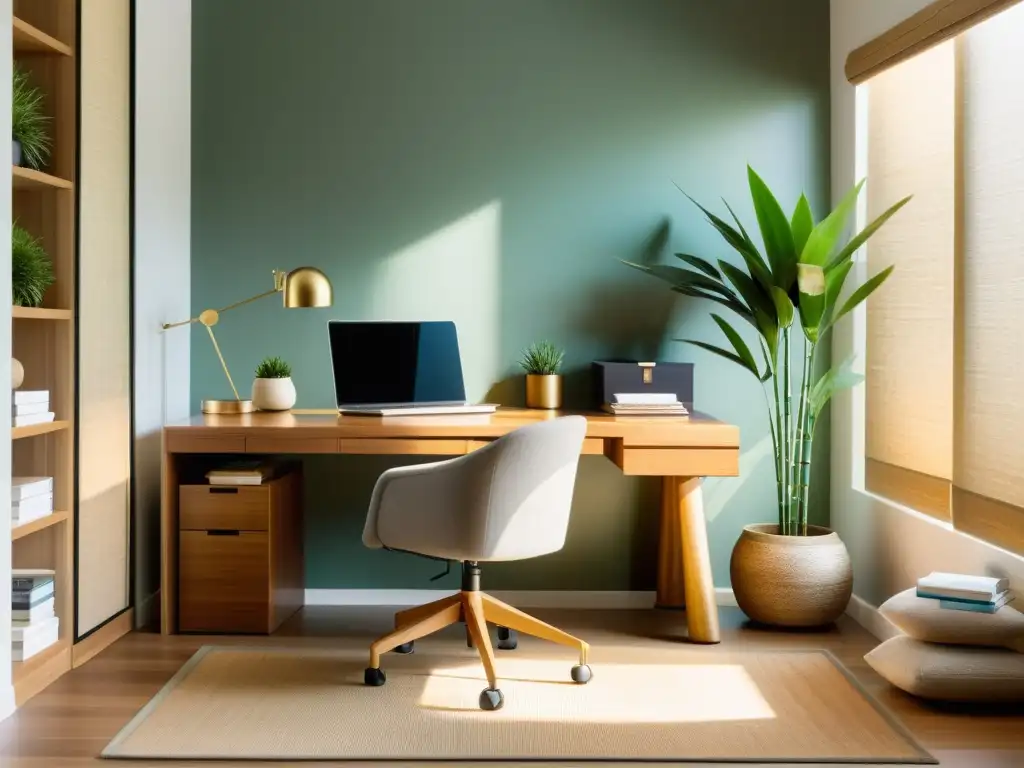 Influencia orientación trabajo Feng Shui: Oficina minimalista con escritorio de madera, luz suave y elementos de serenidad