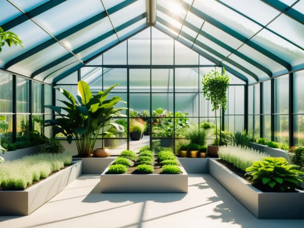 Innovaciones verdes para feng shui: Imagen impactante de un invernadero moderno y minimalista lleno de plantas exuberantes y vibrantes en armonía