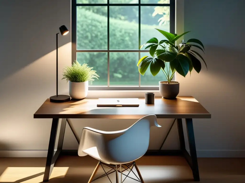 Inspirador espacio de trabajo con influencia orientación trabajo Feng Shui: escritorio minimalista, plantas y luz natural relajante