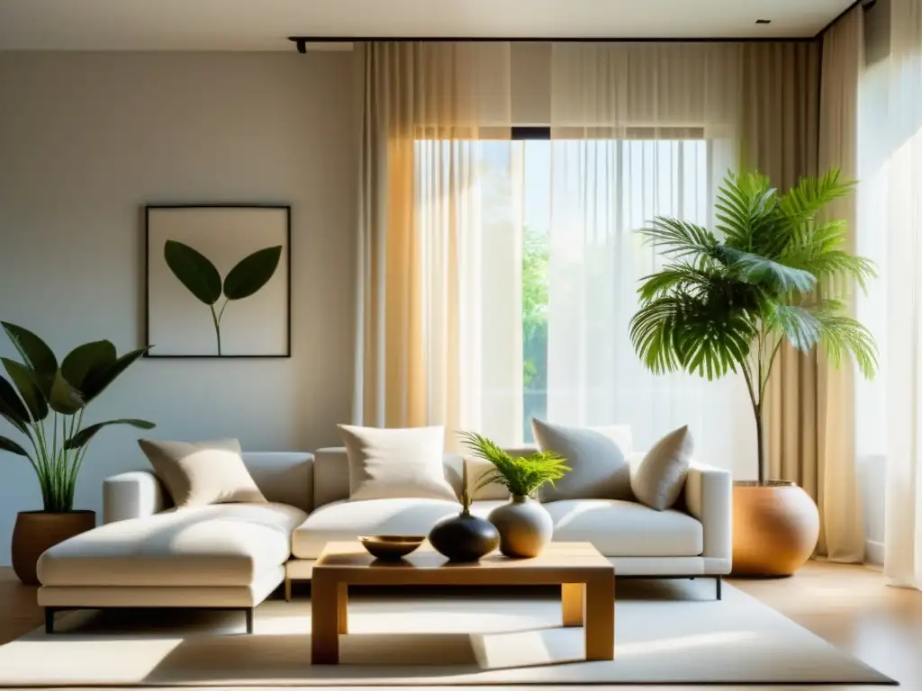 Una inspiradora sala de estar minimalista con decoración Feng Shui, iluminada por una suave luz natural