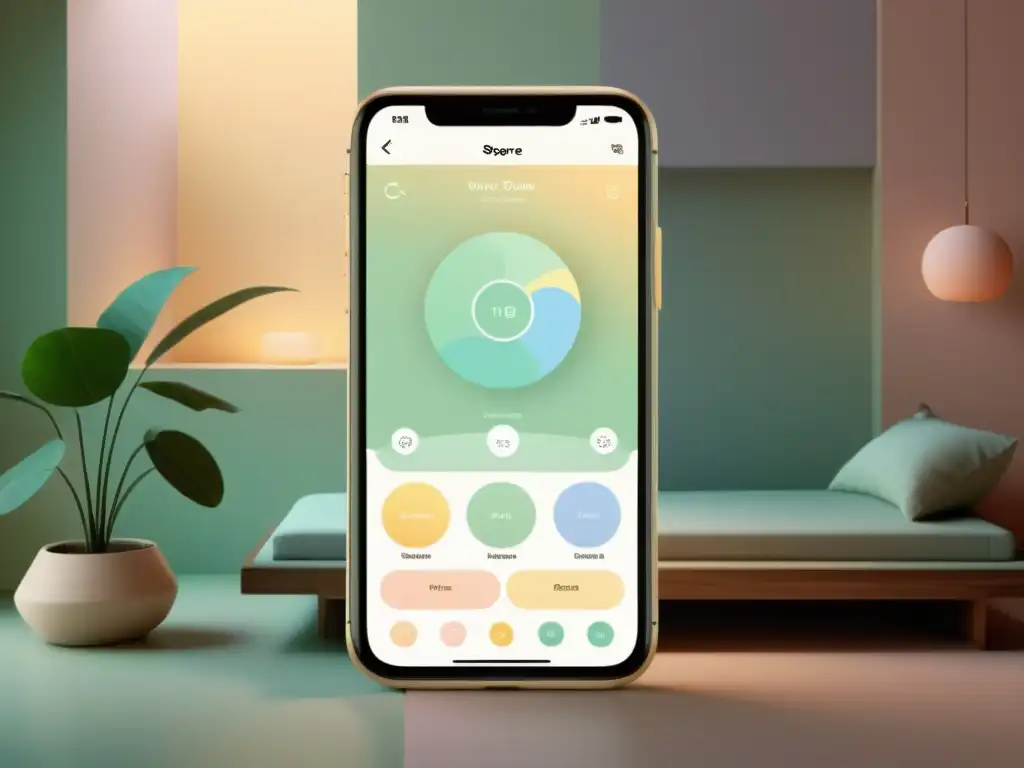 Interfaz serena de aplicación móvil para Feng Shui con colores pastel suaves y diseño limpio, creando armonía y equilibrio en el espacio