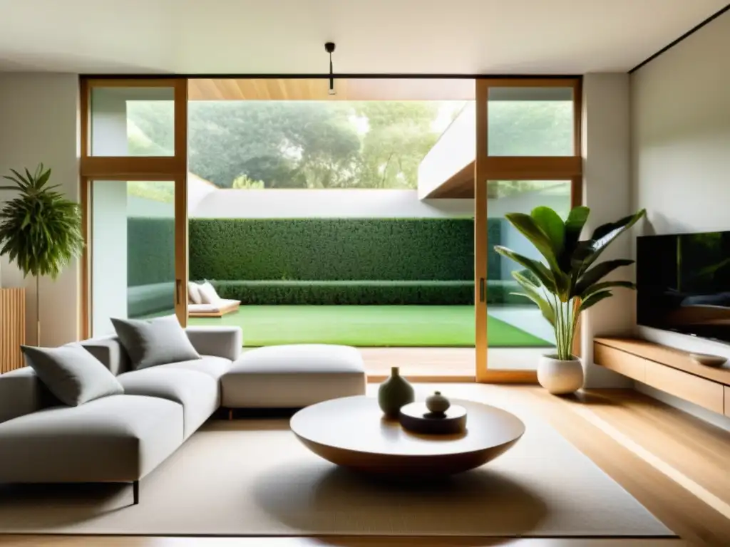 Diseño interior armonizado con Feng Shui: Sala minimalista con ventana panorámica y jardín sereno, muebles y decoración equilibrados