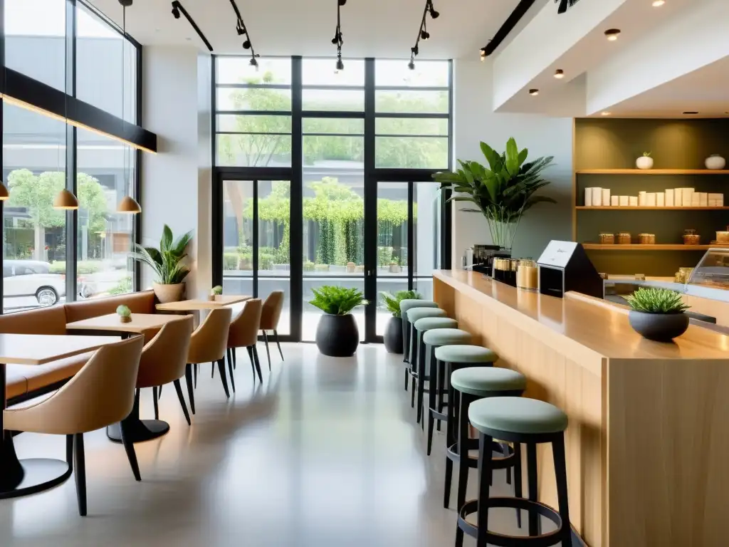 Espacio café minimalista con armonía Feng Shui Interior de café minimalista con elementos de feng shui, plantas y armonía, ideal para relajarse