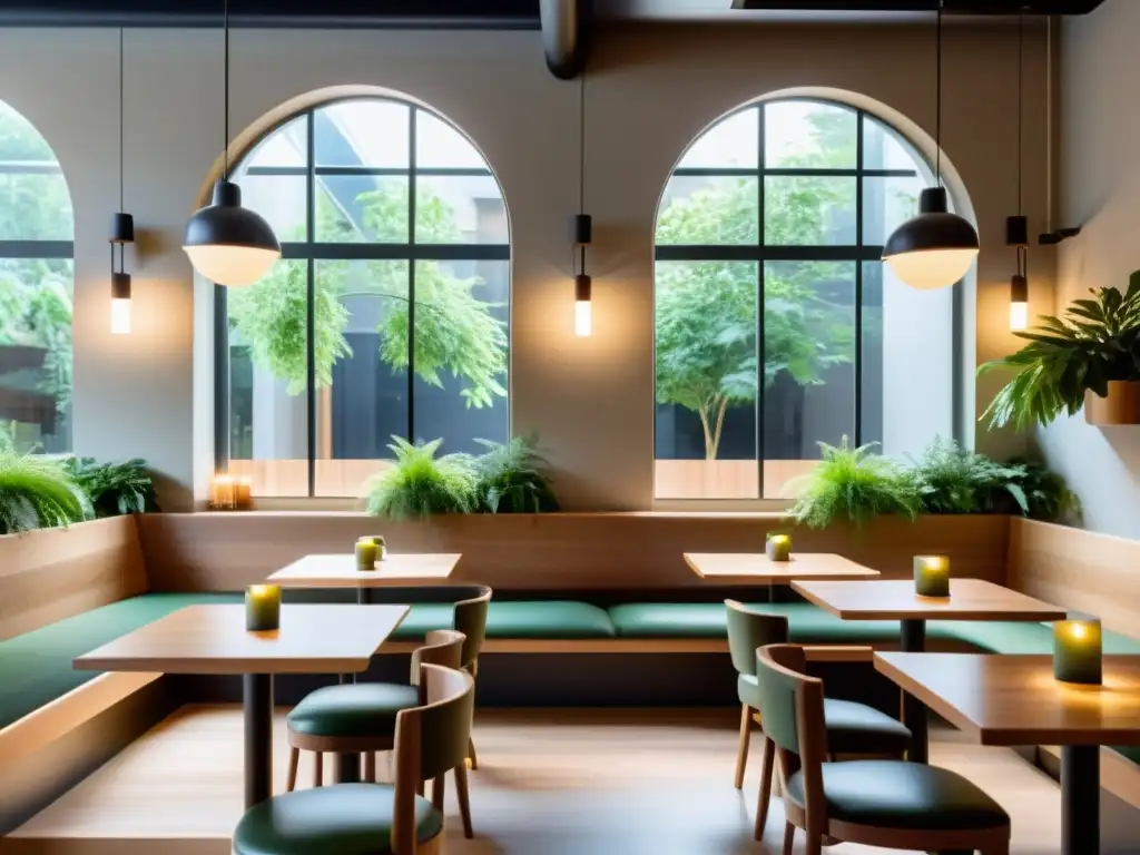 Interior de café sereno con iluminación cálida y ambiente natural, ideal para Feng Shui en cafeterías