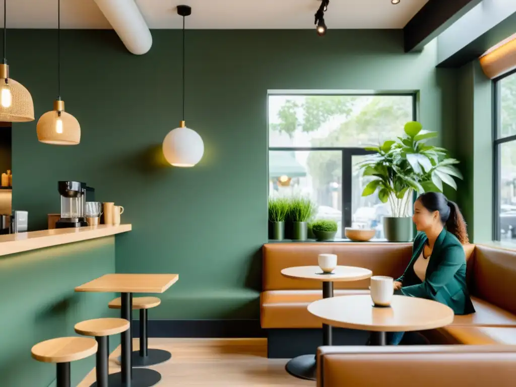 Interior de cafetería transformada con armonía Feng Shui, brindando tranquilidad y equilibrio