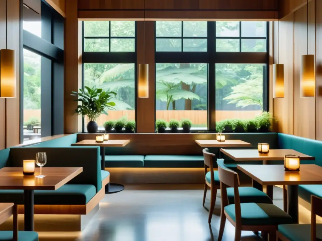 Interior elegante y minimalista de restaurante con diseño Feng Shui para armonía culinaria