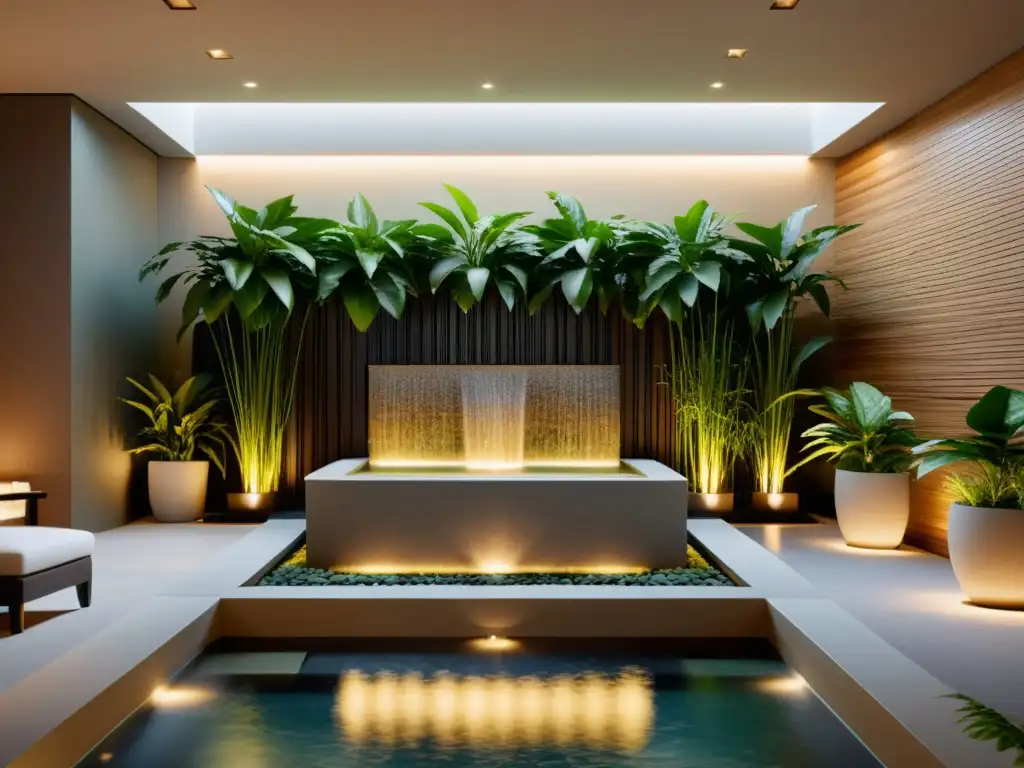 Interior elegante y minimalista de spa con fuente tranquila rodeada de plantas verdes exuberantes y suave iluminación ambiental