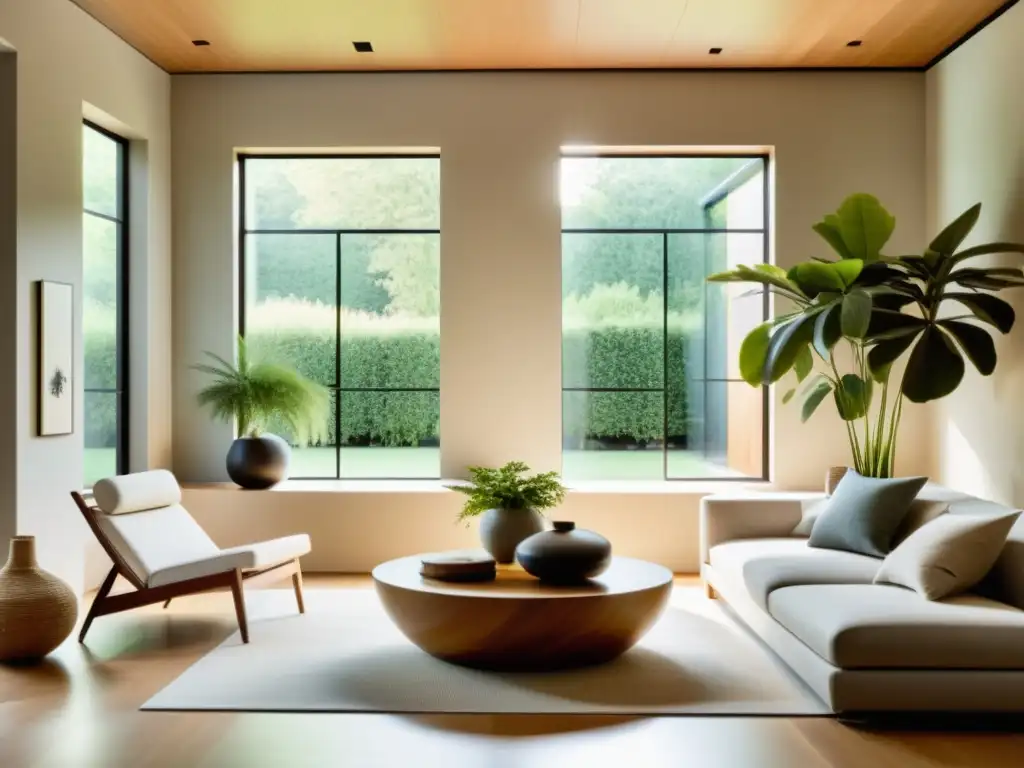 Interior hogar minimalista con equilibrio Feng Shui para equinoccios, luz natural y armonía