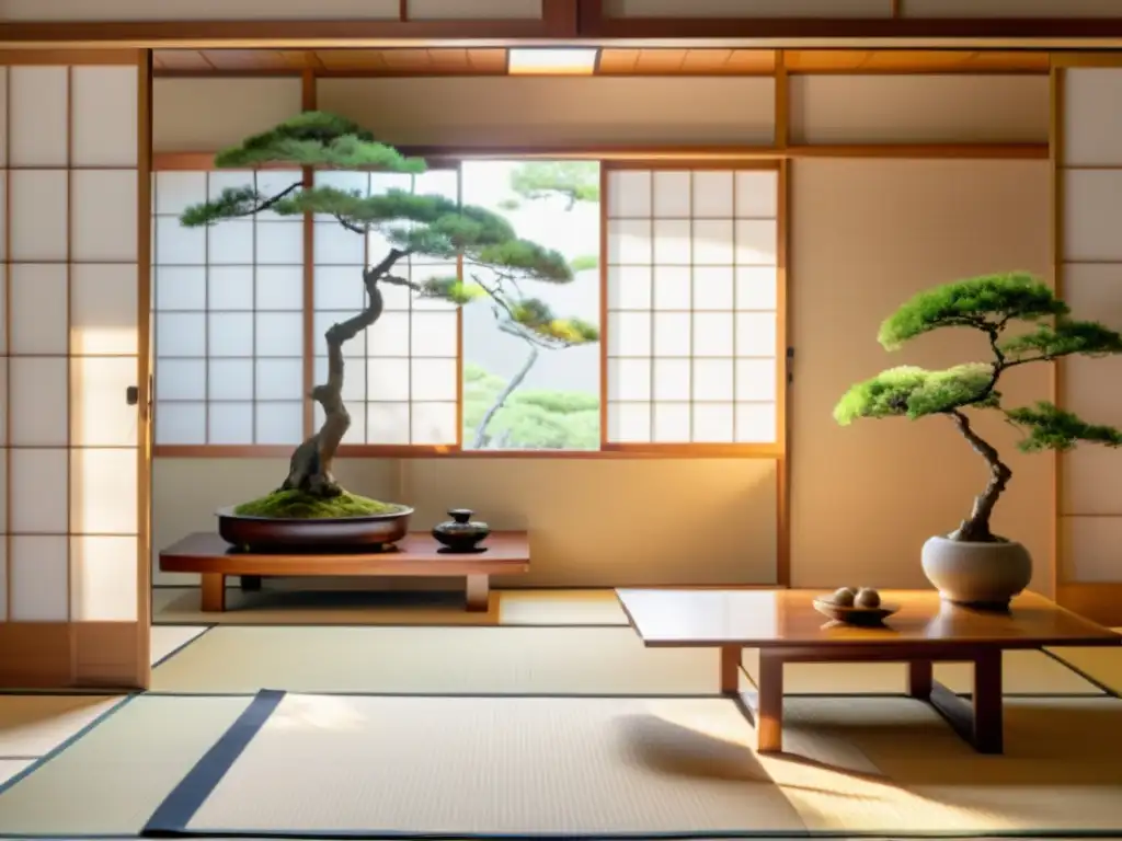 Un interior japonés sereno con puertas corredizas shoji, tatamis y una mesa baja de madera con un arreglo floral