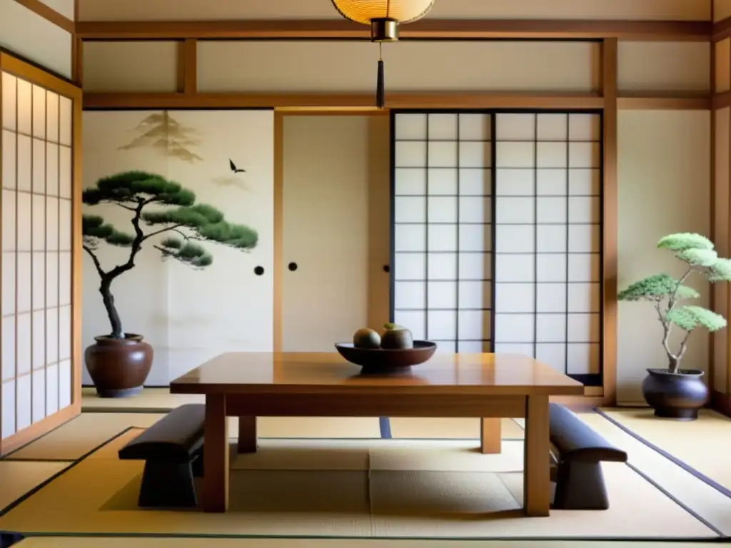 Un interior japonés sereno con puertas corredizas shoji, suelo de tatami, una mesa baja de madera y un tokonoma con arreglos florales y un pergamino