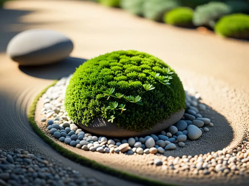 Jardín Zen para armonía interior: un paisaje sereno de grava, rocas, musgo y plantas, con luz solar filtrándose entre las hojas