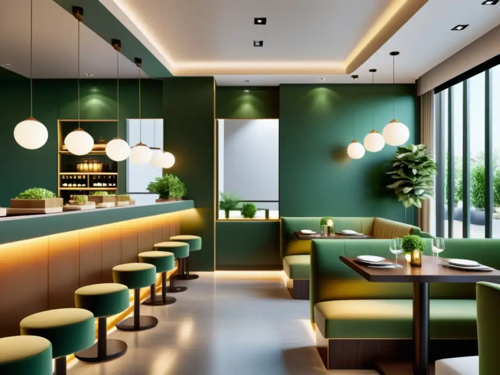 Interior de restaurante elegante con espejos estratégicos, iluminación suave y equilibrio en la decoración para atraer clientes con Feng Shui