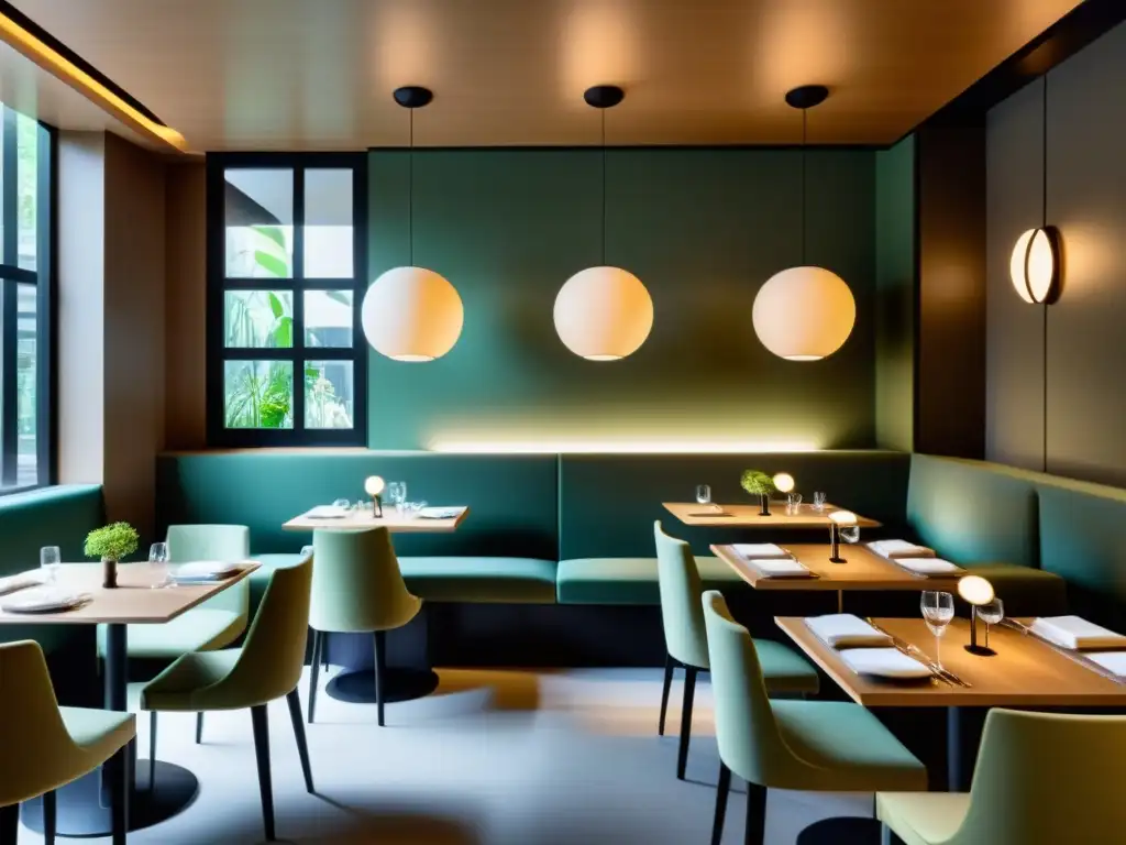 Interior de restaurante minimalista con elementos de Feng Shui como materiales naturales y una paleta de colores equilibrada