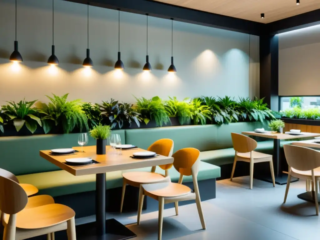 Interior de restaurante minimalista con mobiliario de madera natural, iluminación suave y plantas verdes para un ambiente armonioso y relajante