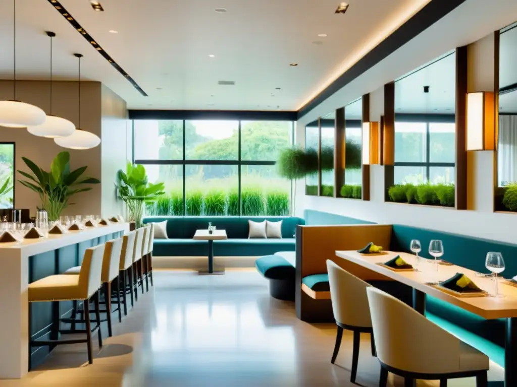 Interior de restaurante moderno con diseño minimalista y elementos de Feng Shui