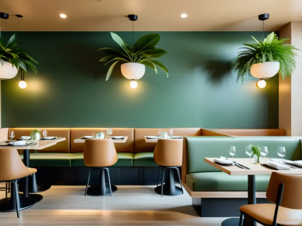 Interior de restaurante con paleta de colores Feng Shui, ambientado en tonos suaves y naturales, con mobiliario moderno y plantas exuberantes