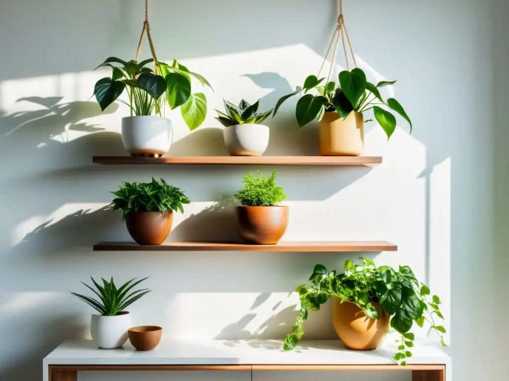 Un jardín interior sereno y armonioso con plantas en macetas en estantes de madera y luz natural, en diseño Feng Shui plantas interiores armonía