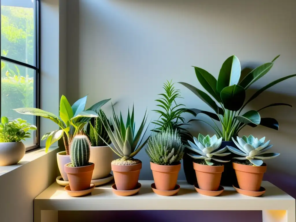 Un jardín interior sereno y armonioso con plantas curativas para armonía Feng Shui, bañado por suave luz solar