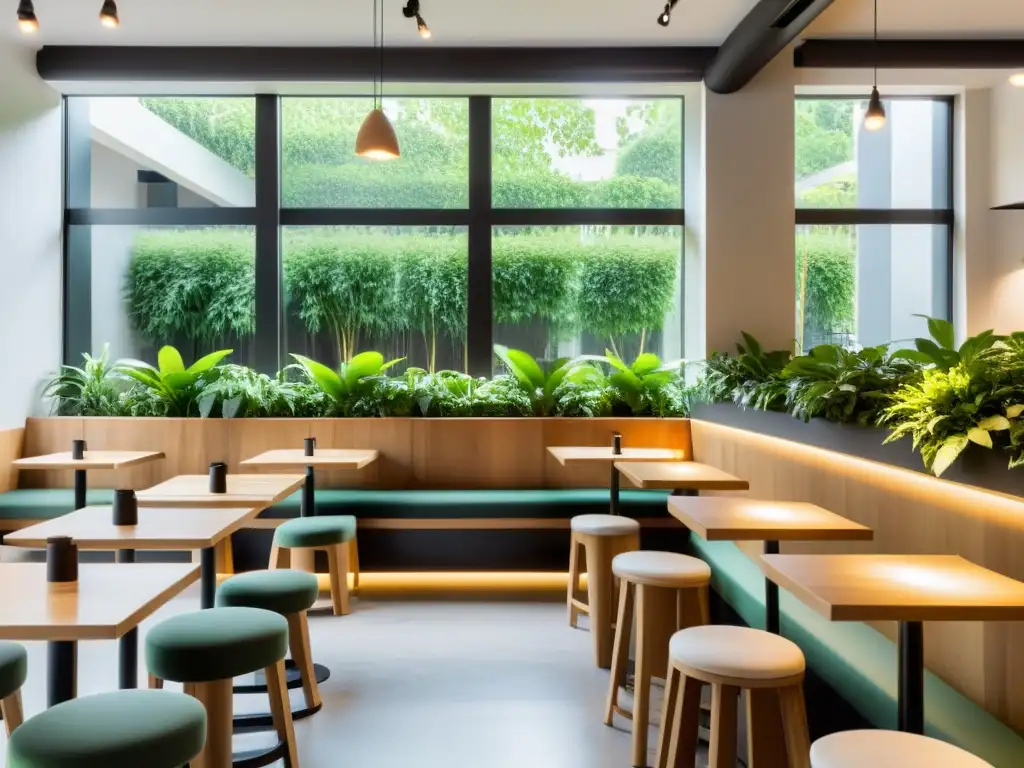 Interior sereno de cafetería con luz natural, mesas de madera y plantas verdes