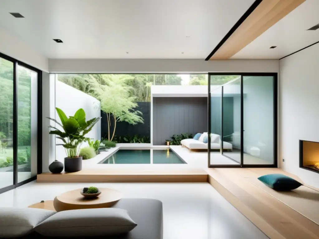 Interior sereno de construcciones modulares con feng shui, iluminado por luz natural difusa y decorado con elementos armoniosos