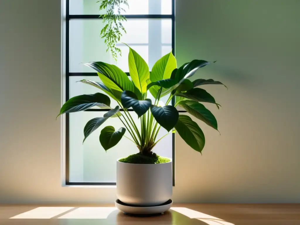 Un rincón interior sereno con una exuberante planta verde en un elegante macetero, creando equilibrio y armonía