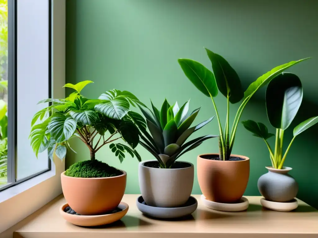 Un jardín interior sereno con macetas armonizadas según Feng Shui, exudando elegancia y tranquilidad