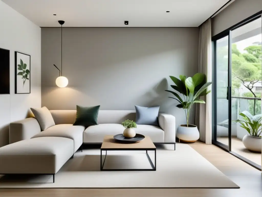 Interior sereno y minimalista con decoración Feng Shui para apartamento, creando armonía y tranquilidad