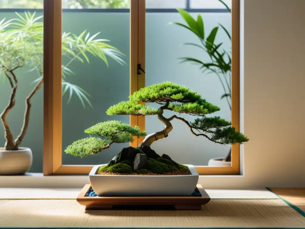 Un jardín interior sereno y minimalista con plantas curativas para armonía Feng Shui, bañado en suave luz natural