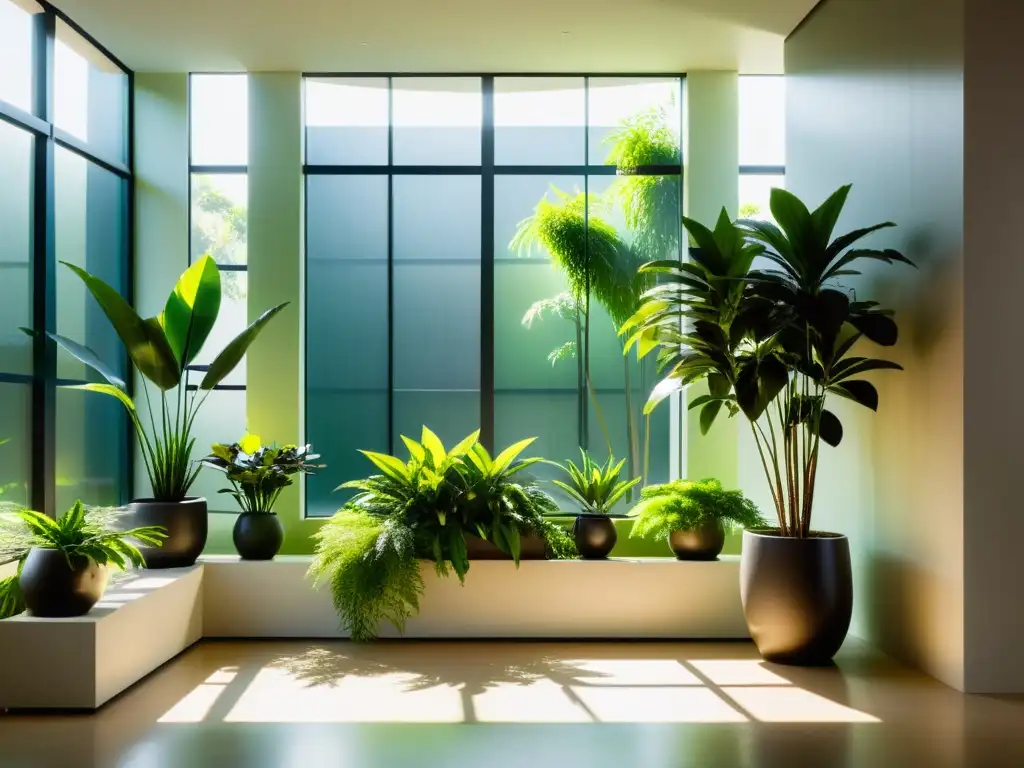 Un jardín interior sereno y minimalista con plantas vibrantes en macetas modernas