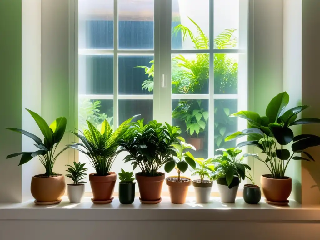 Un jardín interior sereno y minimalista con plantas potenciadoras de energía Feng Shui, en un espacio tranquilo y armonioso con luz natural