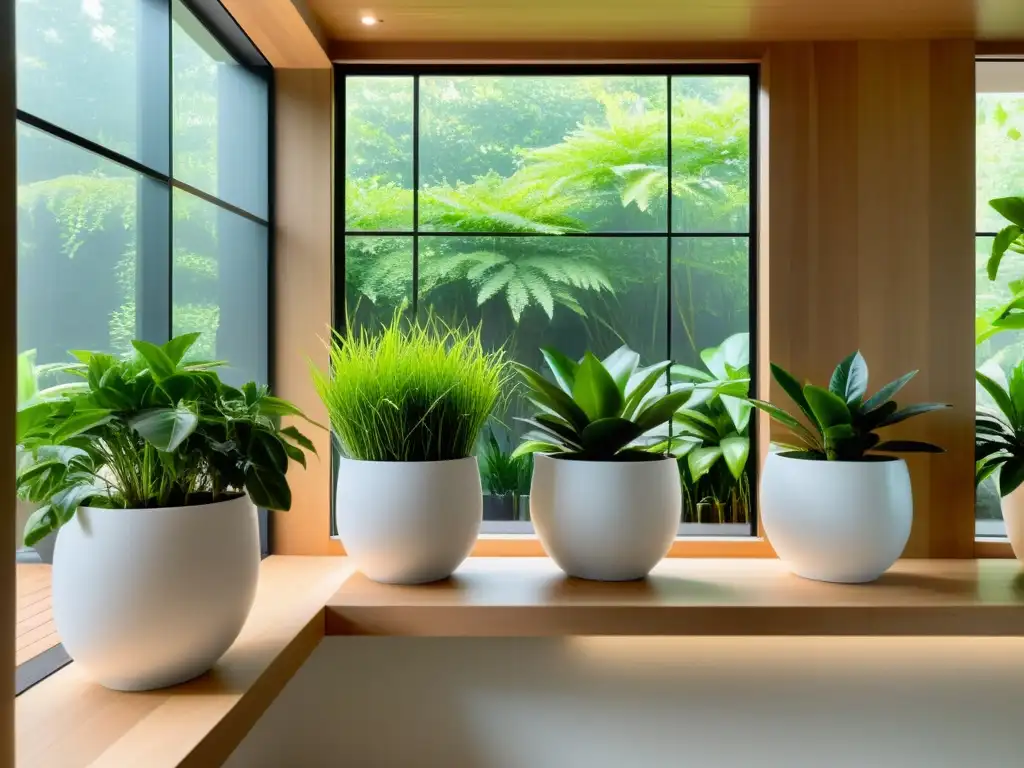 Un jardín interior sereno y minimalista con plantas verdes y diseño Feng Shui, simbolizando innovaciones verdes para Feng Shui