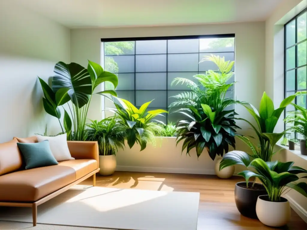 Un jardín interior sereno y minimalista con plantas seguras para mascotas en un diseño equilibrado de Feng Shui