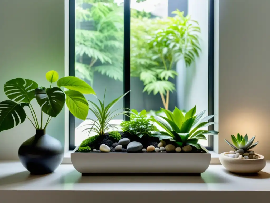 Un jardín interior sereno y minimalista con plantas en equilibrio, luz natural y armonía