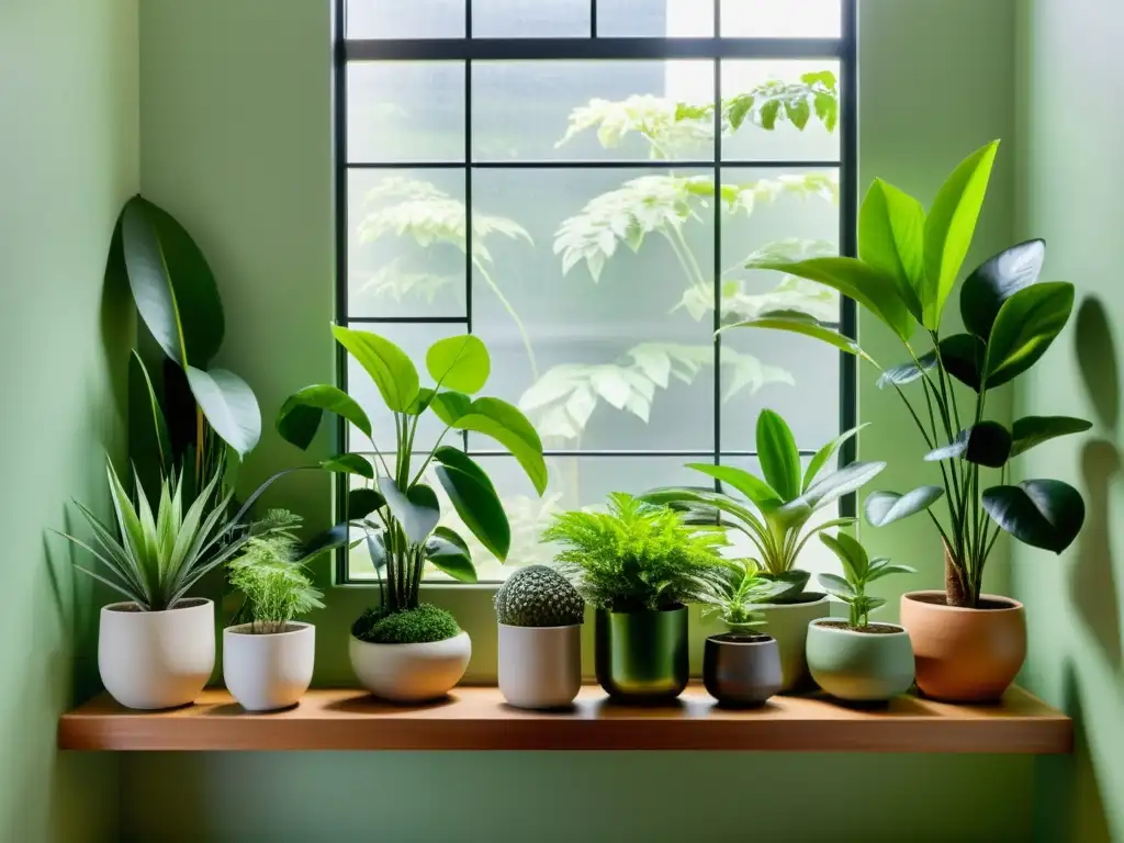 Un jardín interior sereno y minimalista con plantas en armonía, bañado por luz natural