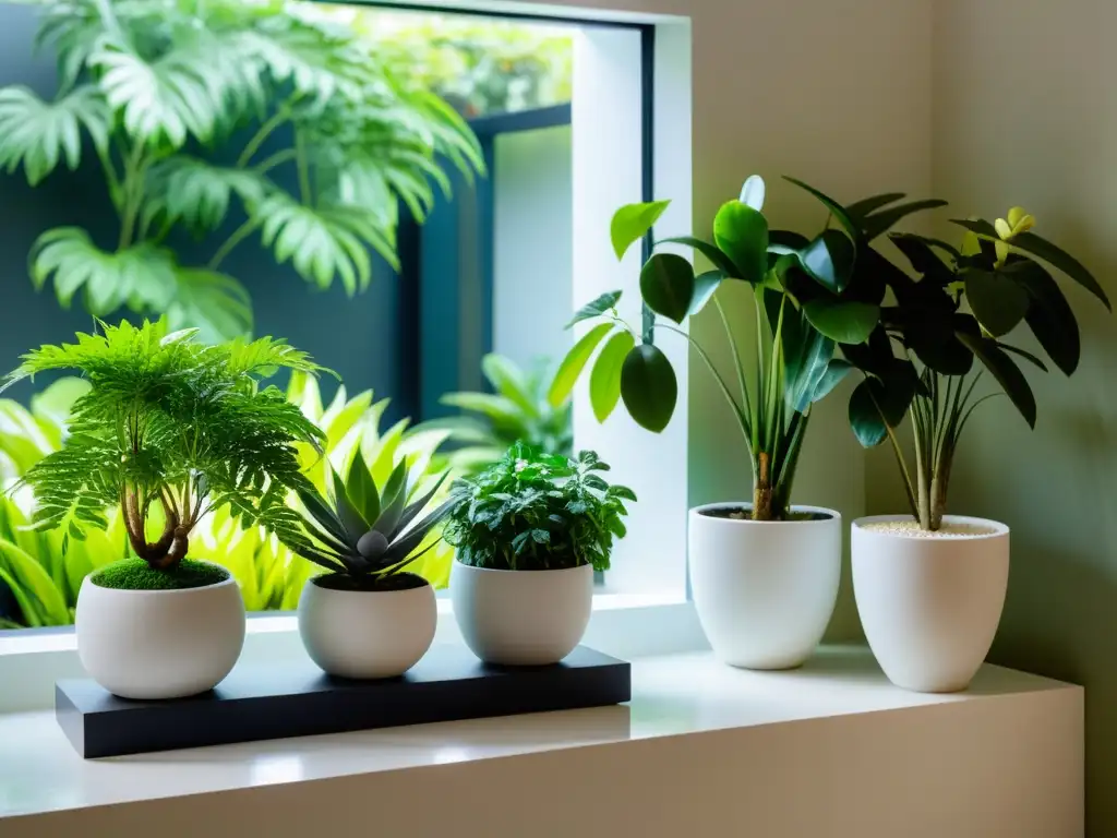 Un jardín interior sereno y minimalista con plantas en Feng Shui para Prosperidad, creando armonía y tranquilidad con su verdor y piedras blancas