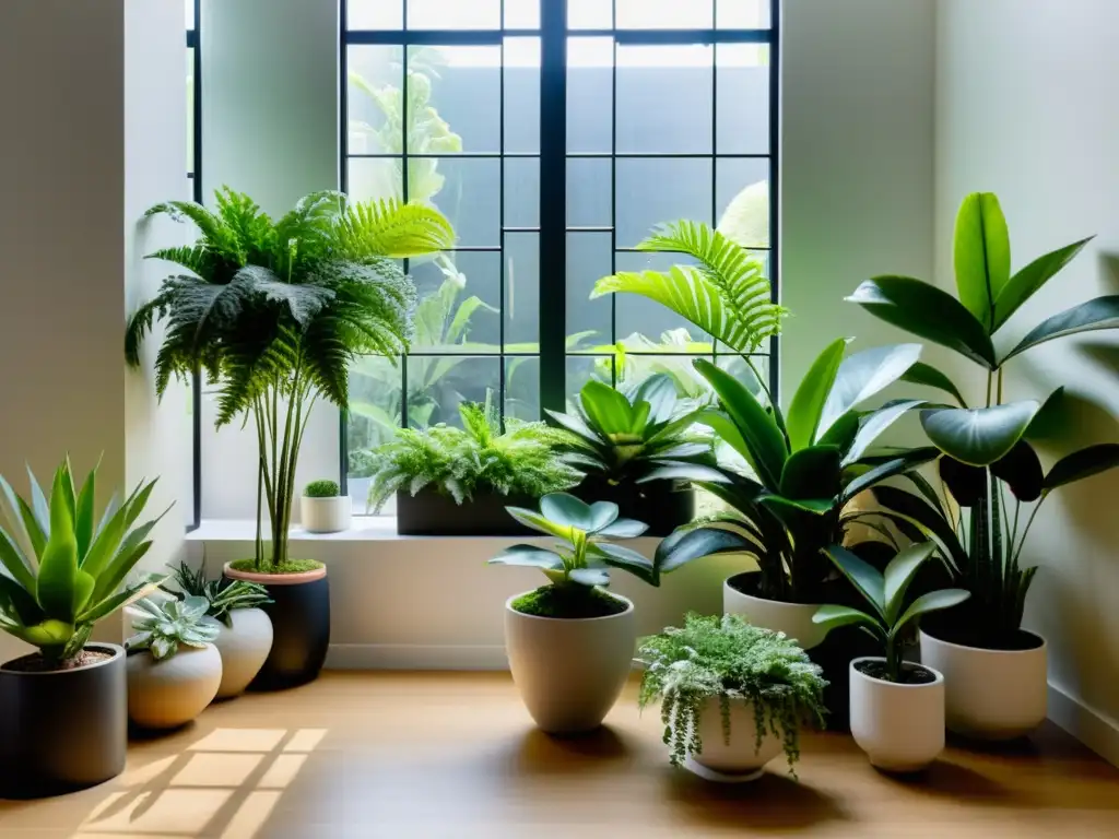 Un jardín interior sereno y minimalista con plantas cuidadosamente dispuestas de diferentes alturas y texturas, bañado en suave luz natural