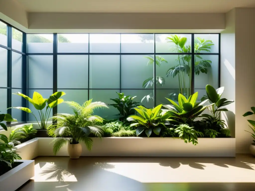 Un jardín interior sereno y minimalista con ubicación estratégica de plantas para prosperidad, iluminado por la luz natural