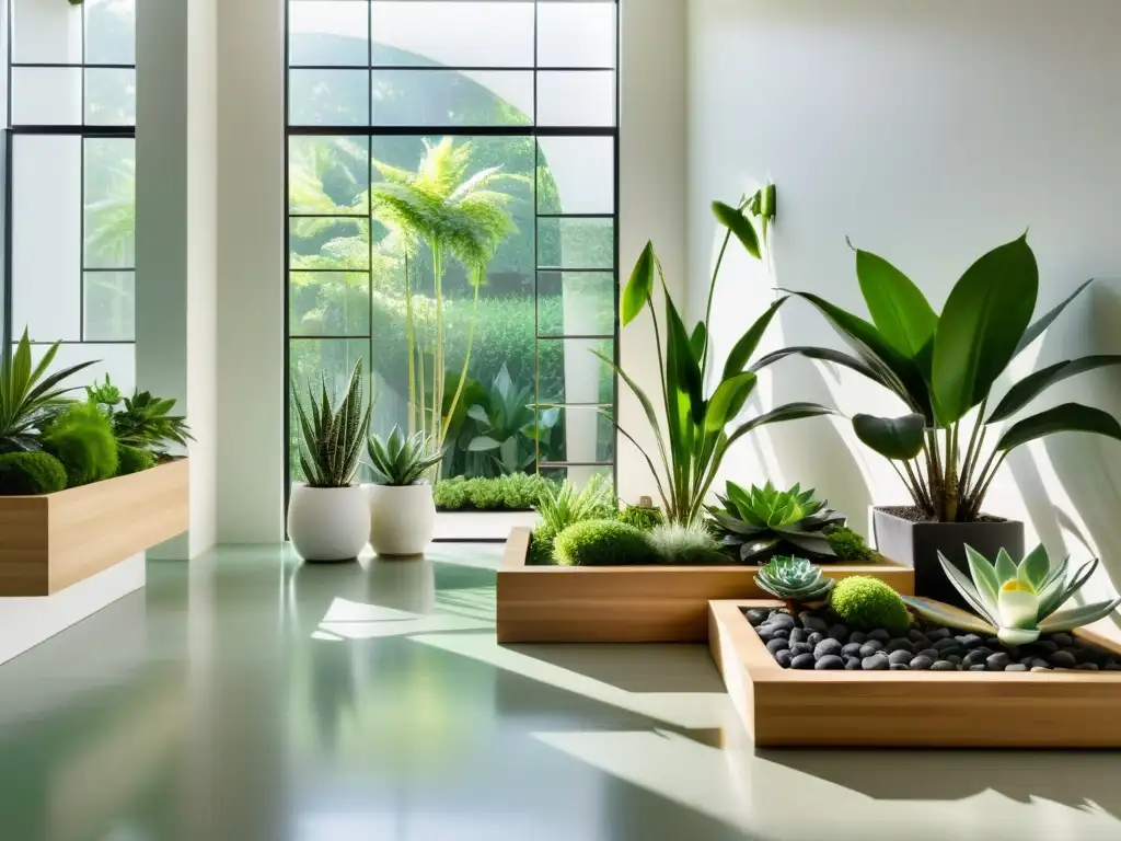 Un jardín interior sereno con plantas para Feng Shui, en un espacio contemporáneo iluminado por la suave luz natural