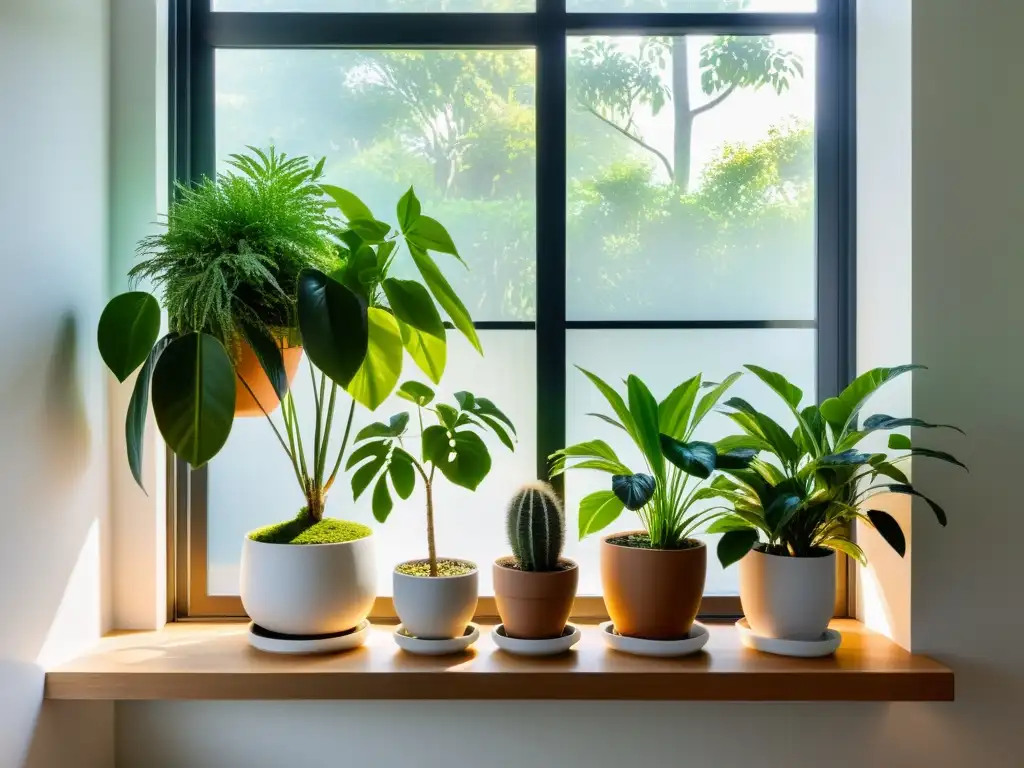 Un jardín interior sereno con plantas en Feng Shui para prosperidad, en armonía con la luz natural y las sombras