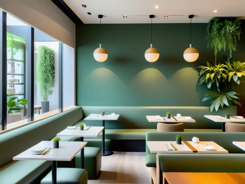 'Interior sereno de restaurante con diseño Feng Shui en el branding gastronómico, iluminación natural y decoración armoniosa