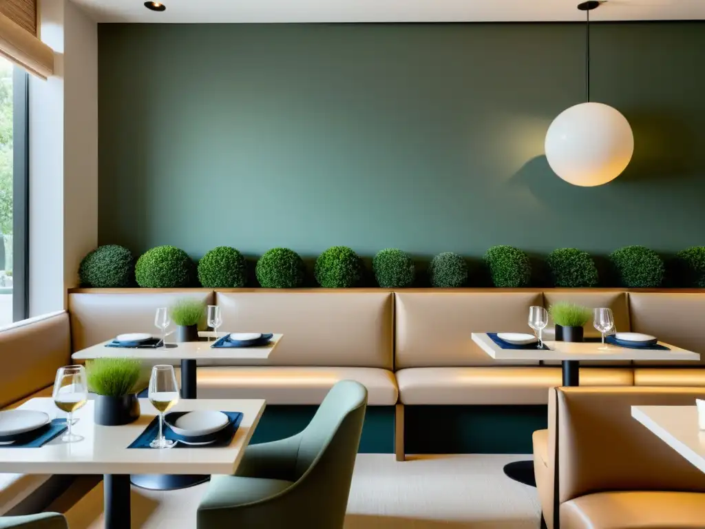 Interior sereno de restaurante con diseño equilibrado, paleta neutra y elementos de Feng Shui en el branding gastronómico