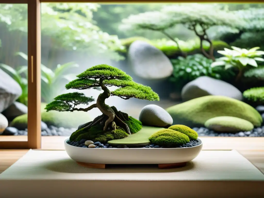 Un jardín interior sereno con sendero de piedra, musgo exuberante y estanque tranquilo, irradiando armonía y equilibrio Feng Shui