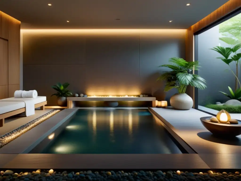 Interior sereno de spa con iluminación natural, agua tranquila y elementos de Feng Shui para armonización y bienestar